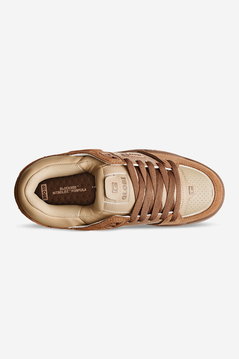 Top view of Fusion Walnut skate shoe with tan beige upper brown suede overlays and laces