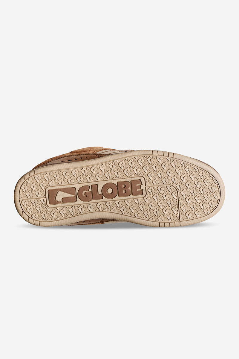 Bottom view of Fusion Walnut sneaker showing textured outsole and large Globe logo