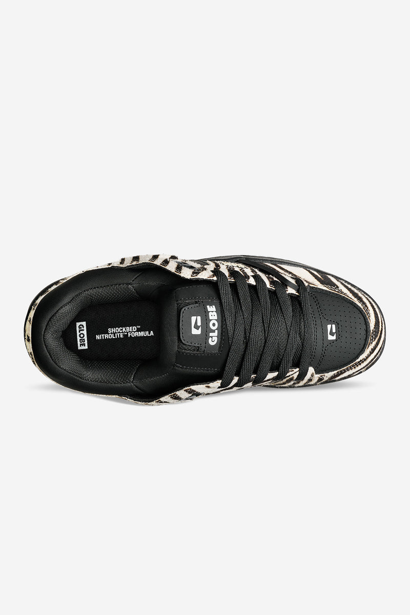 Top-down view of zebra print Fusion skate shoe with black laces and padded tongue