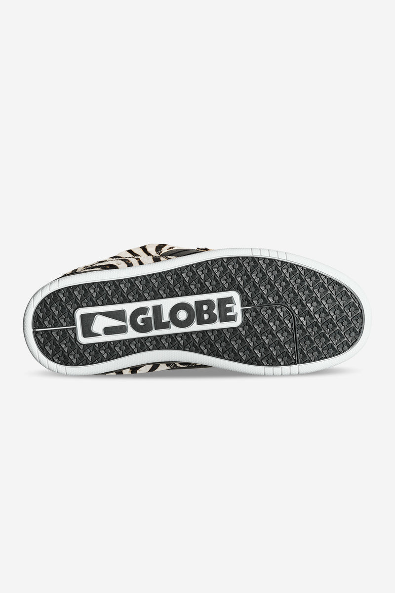 Bottom view of zebra print Fusion skate shoe showing a textured cup sole and Globe logo.