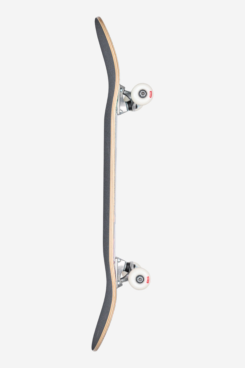 Side profile of G0 Heyman 8.5 inch Psychodelic complete skateboard showing black deck silver trucks and white wheels