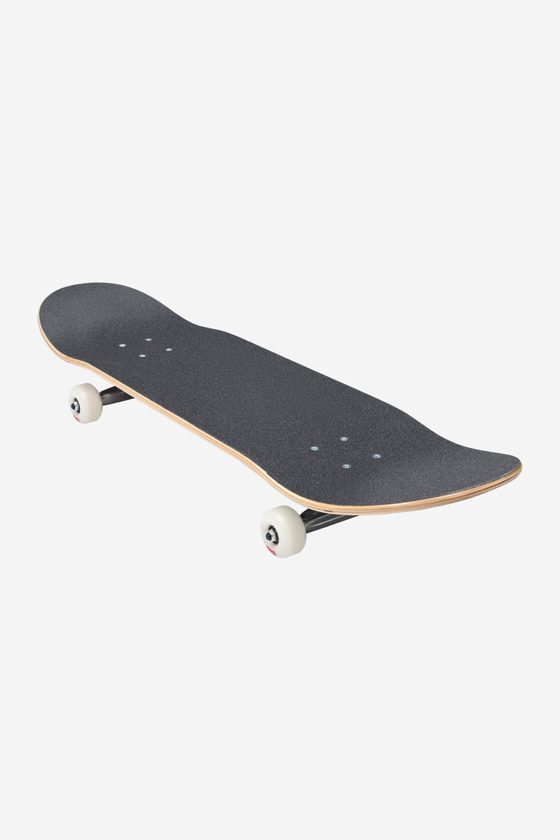 Angled front view of G0 Heyman 8.5 inch Psychodelic complete skateboard with black grip tape and white wheels