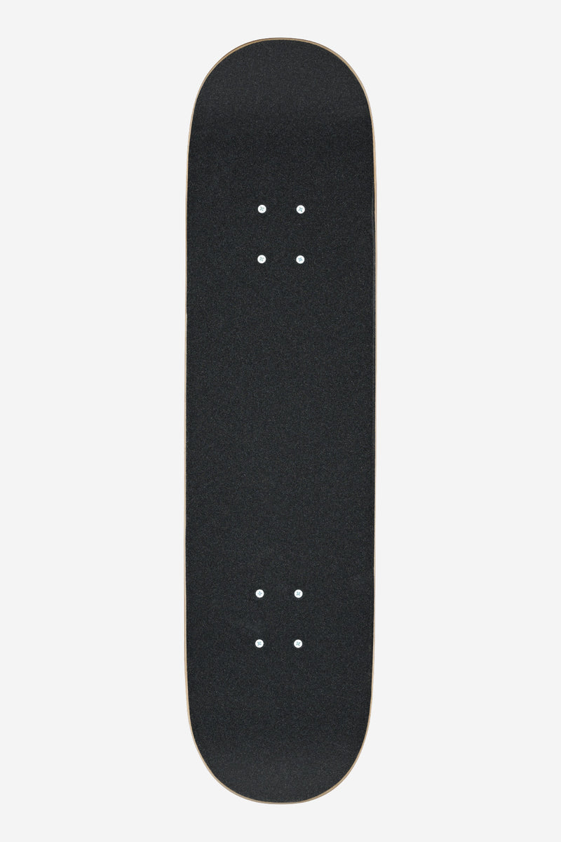 Top view of G0 Hive Complete 8.25 skateboard deck with black grip tape and natural edge