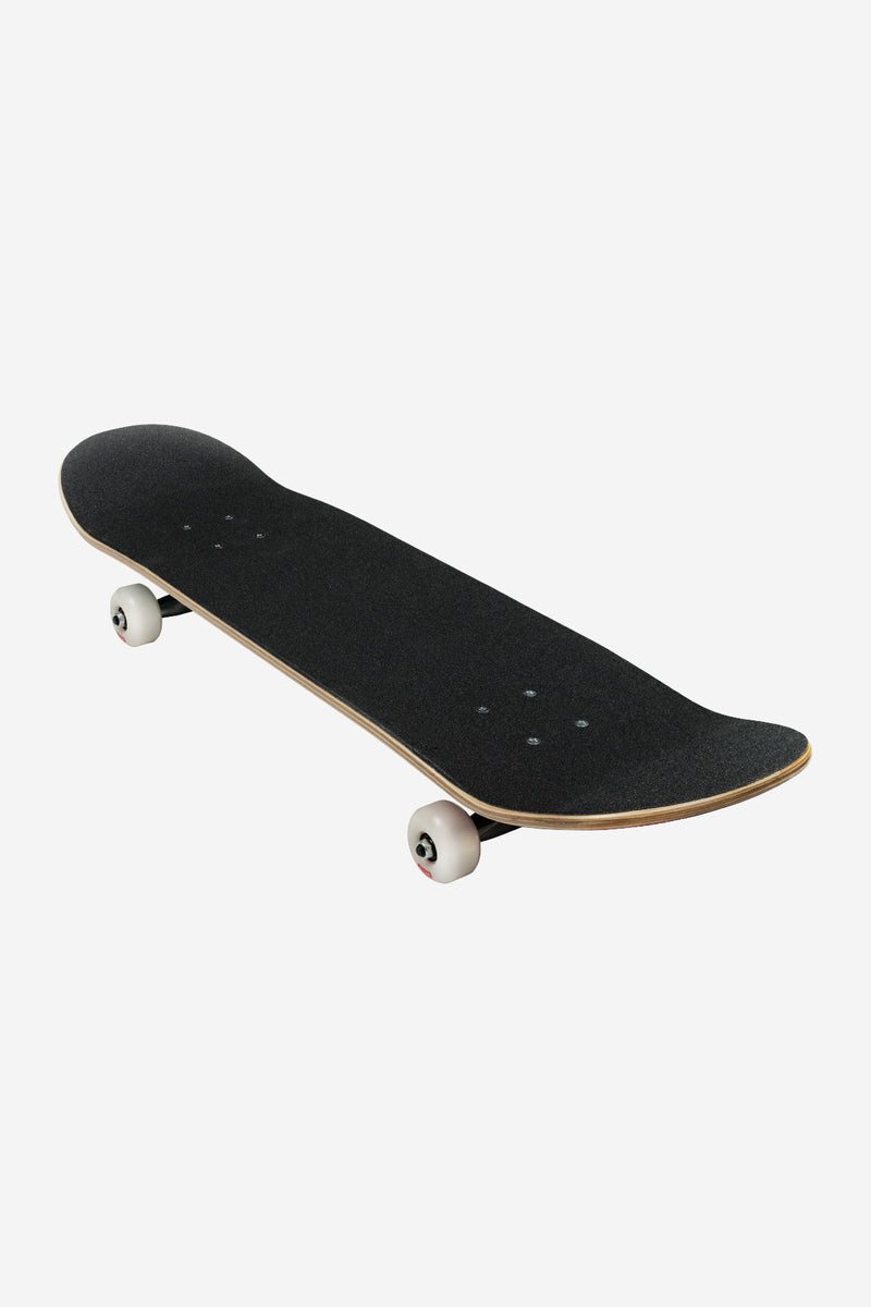 Angled perspective of G0 Hive Complete 8.25 skateboard with black grip tape and white wheels