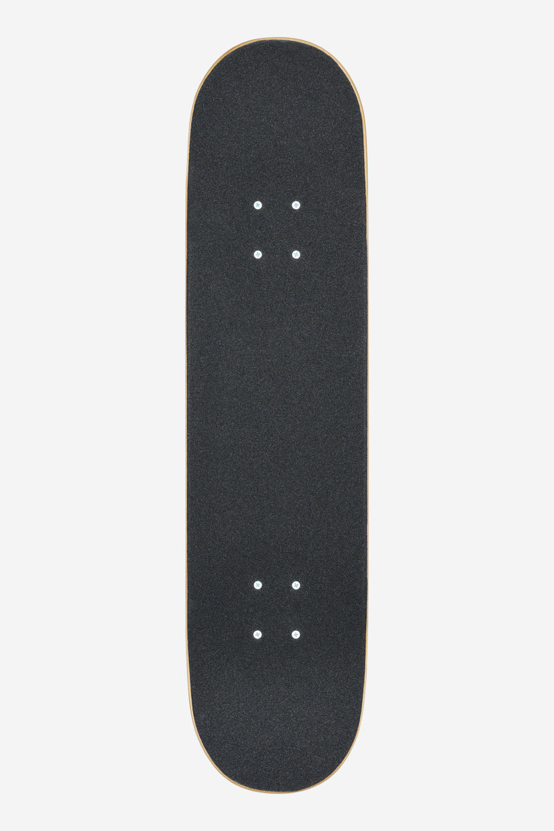 Top view of G0 Pond complete skateboard with black grip tape and mounted trucks on a Pink Honey deck.