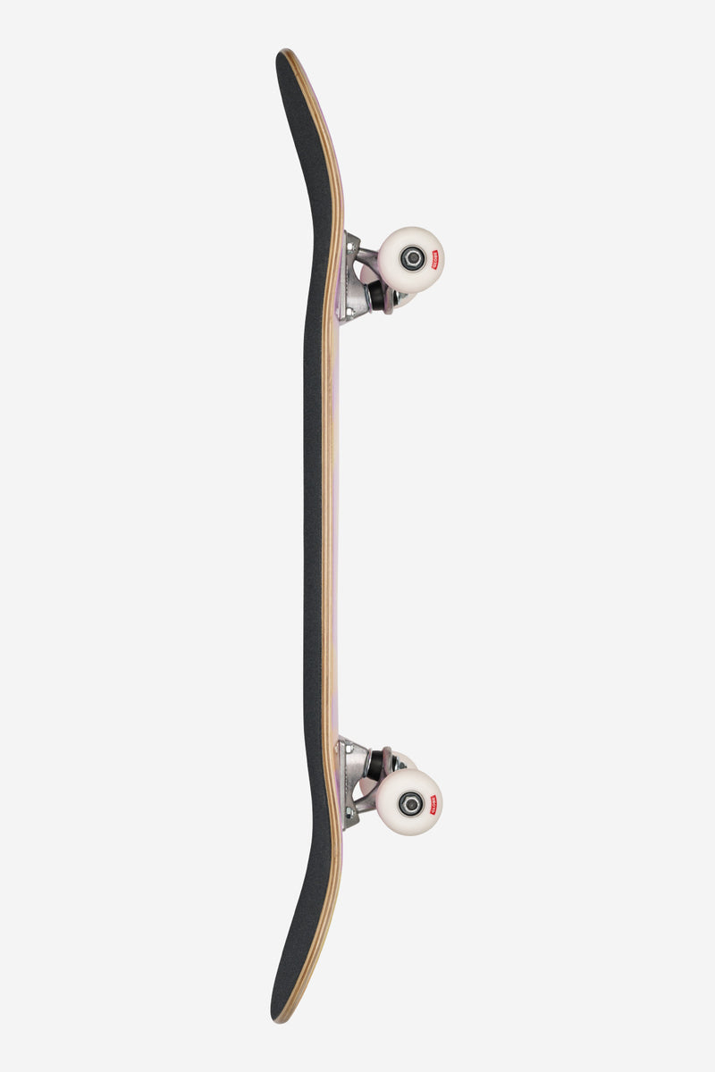 Side view of G0 Pond complete skateboard showing the deck edge and trucks with white wheels.