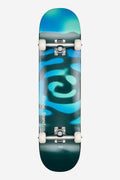 Blue and green G0 Pond 8.0 inch complete skateboard deck viewed from the top with white wheels