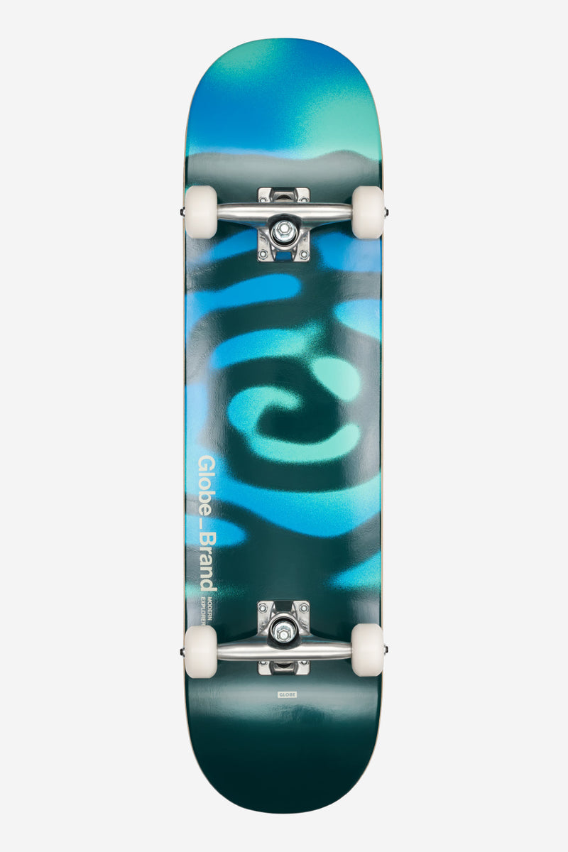 Blue and green G0 Pond 8.0 inch complete skateboard deck viewed from the top with white wheels