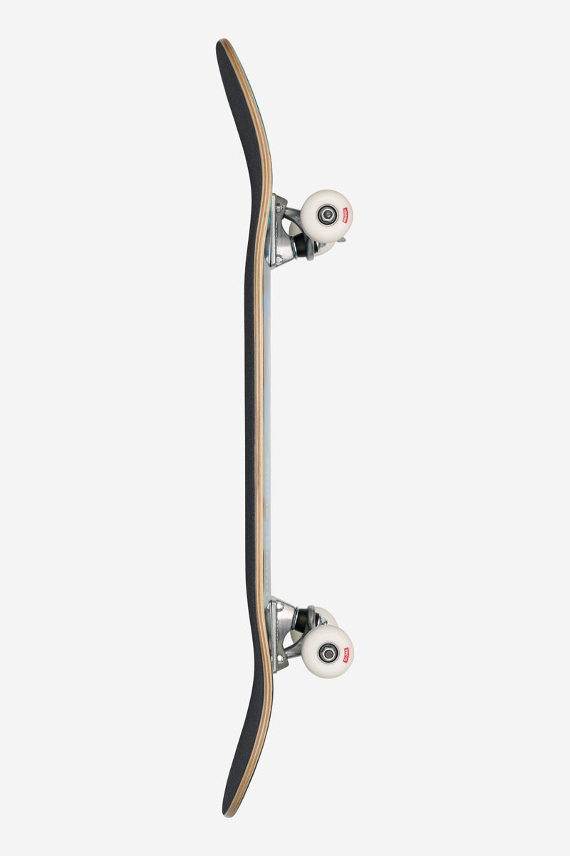 Side view of G0 Pond complete 8.0 skateboard with 5.25 inch Slant trucks and white wheels
