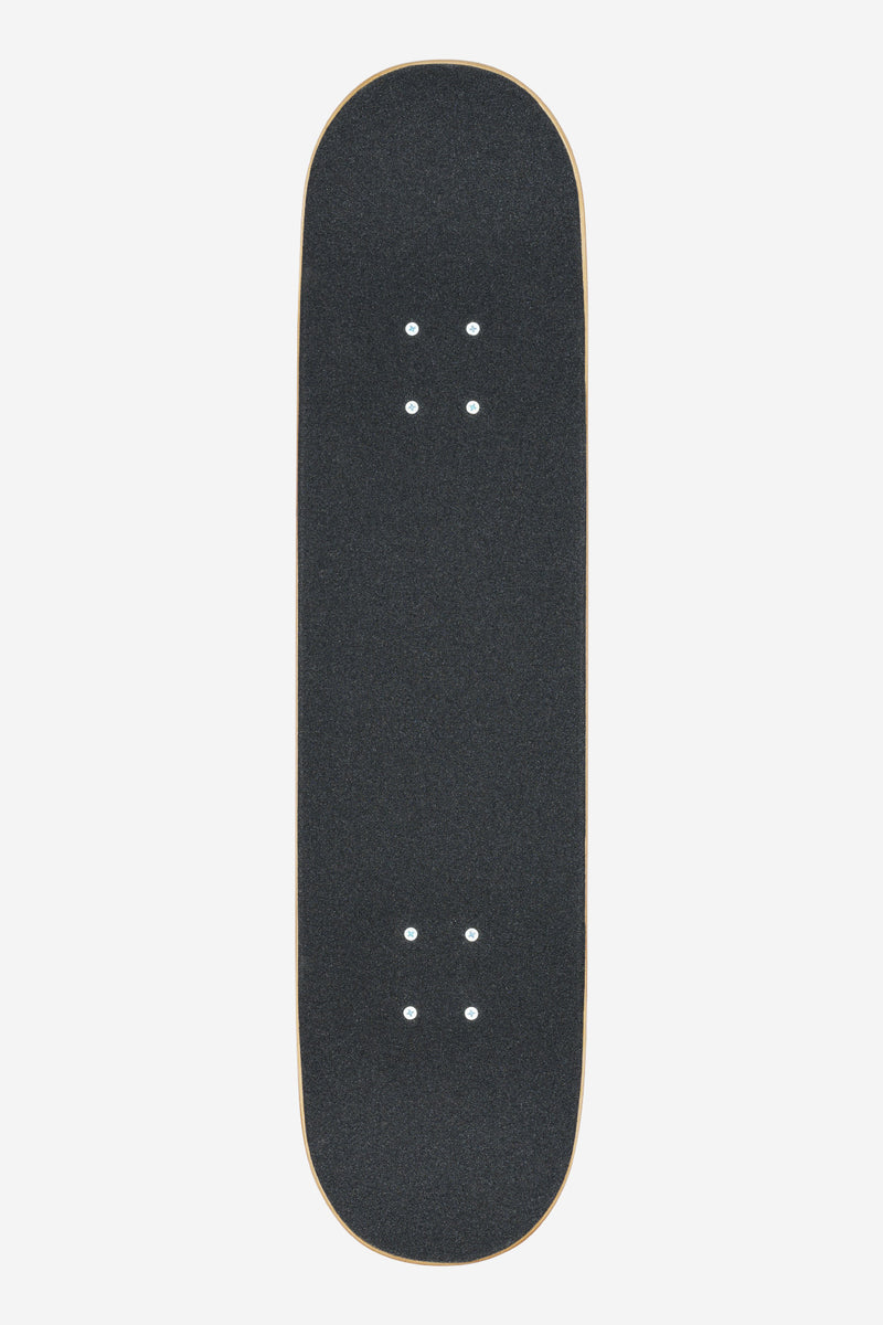 Top view of G0 Pond complete skateboard 8.25 inches Orange Moss showing black grip tape and visible hardware