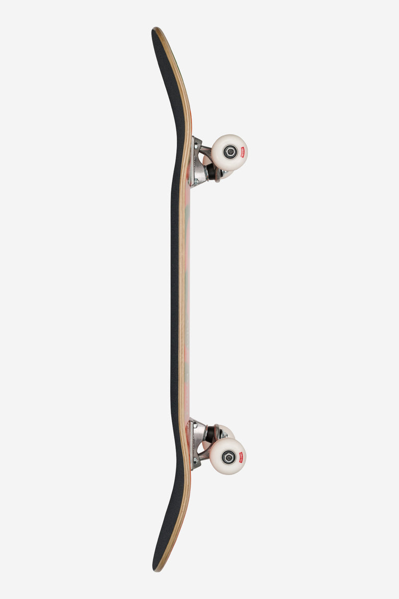 Side view of G0 Pond Complete skateboard 8.25 inches in Orange Moss with white wheels and metal trucks