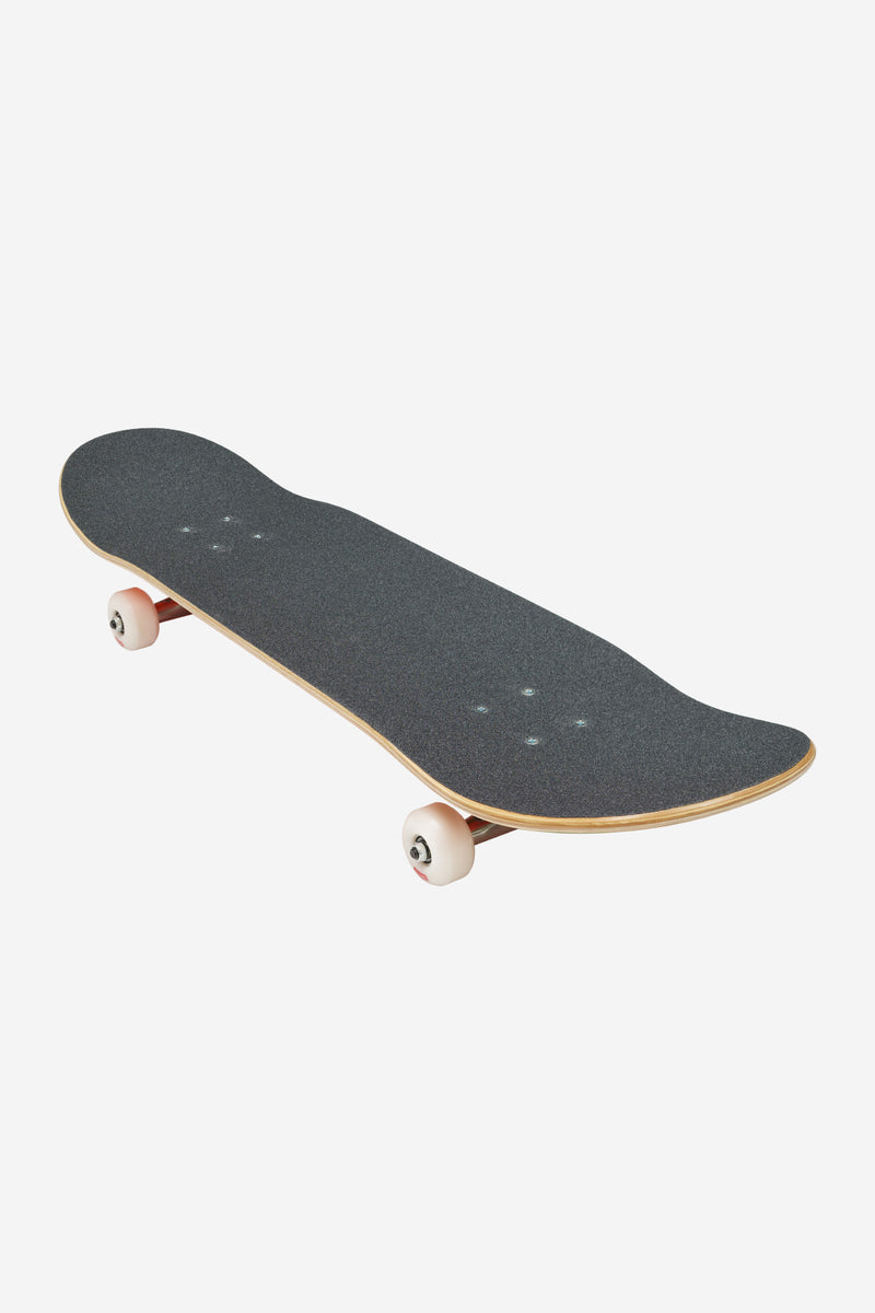 G0 Pond complete skateboard 8.25 inches with black grip tape and white wheels seen from an angled side view
