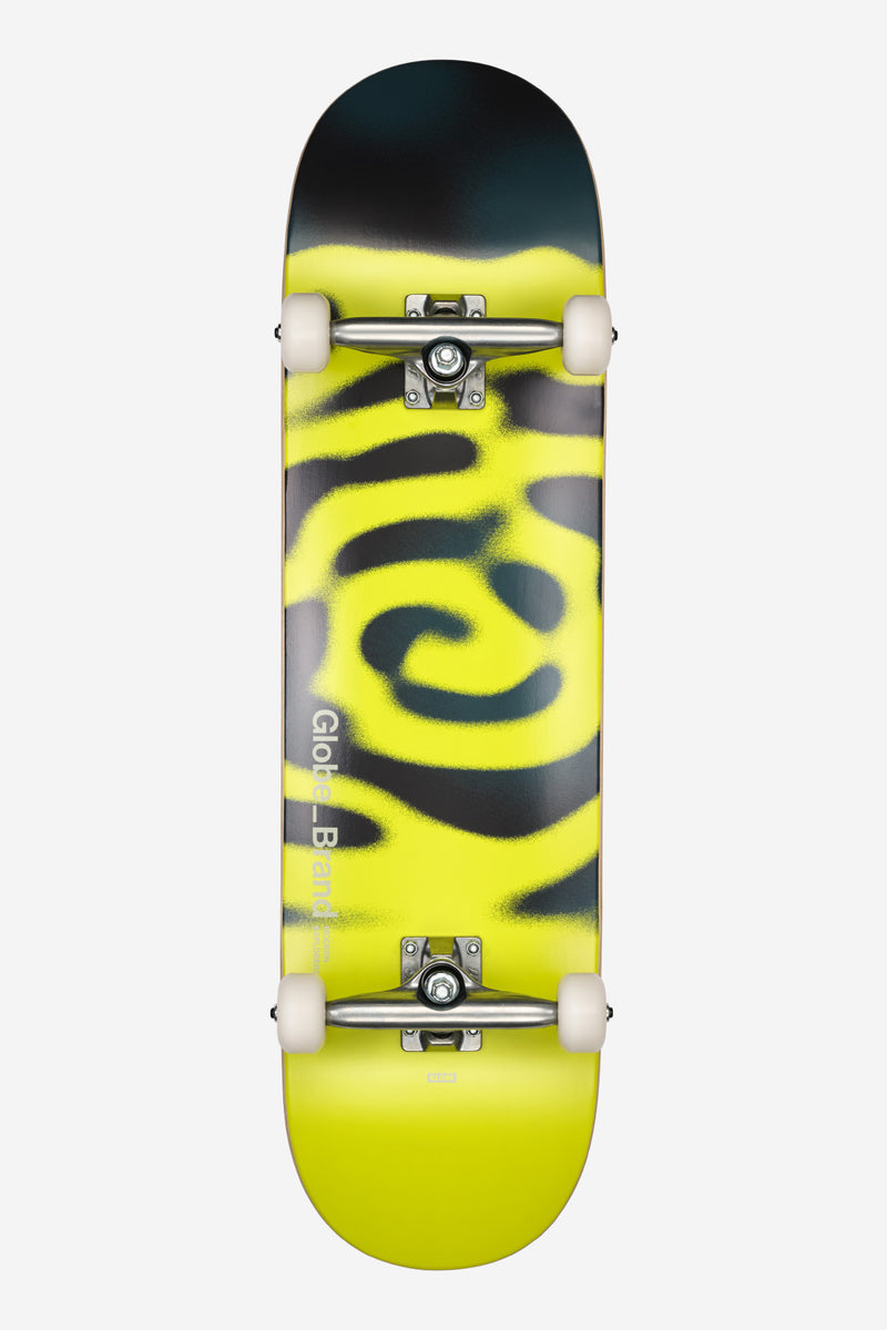 Top-down view of a G0 Pond complete skateboard 8.5 inches Toxic Swamp with neon yellow graphic and white wheels.