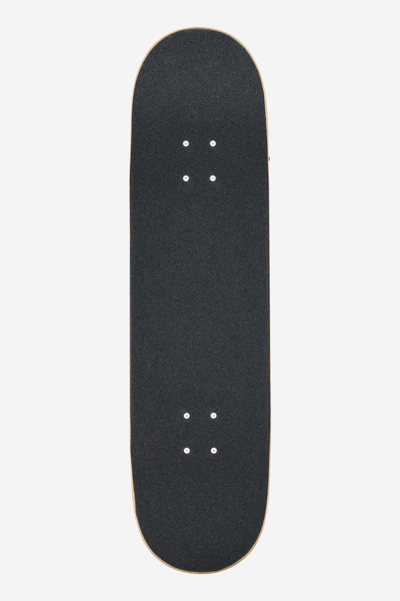 Side profile of G0 Pond complete skateboard 8.5 inches showing black grip deck and silver trucks.
