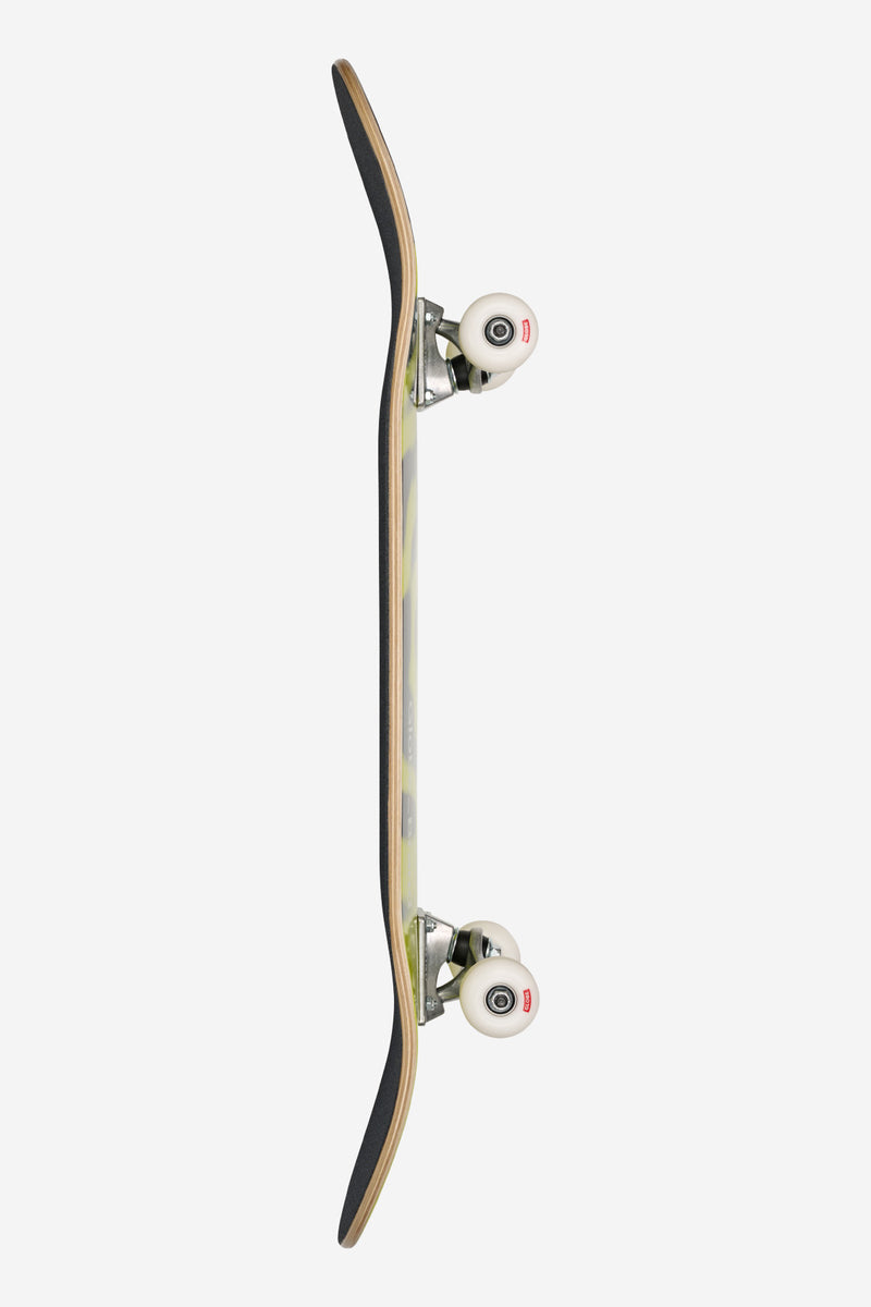 Side view of G0 Pond complete skateboard 8.5 inches with neon yellow edge and mounted trucks.