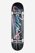 G0 Unfussed Technotrap complete 8.25 skateboard viewed from above with bold graphic and rainbow script.