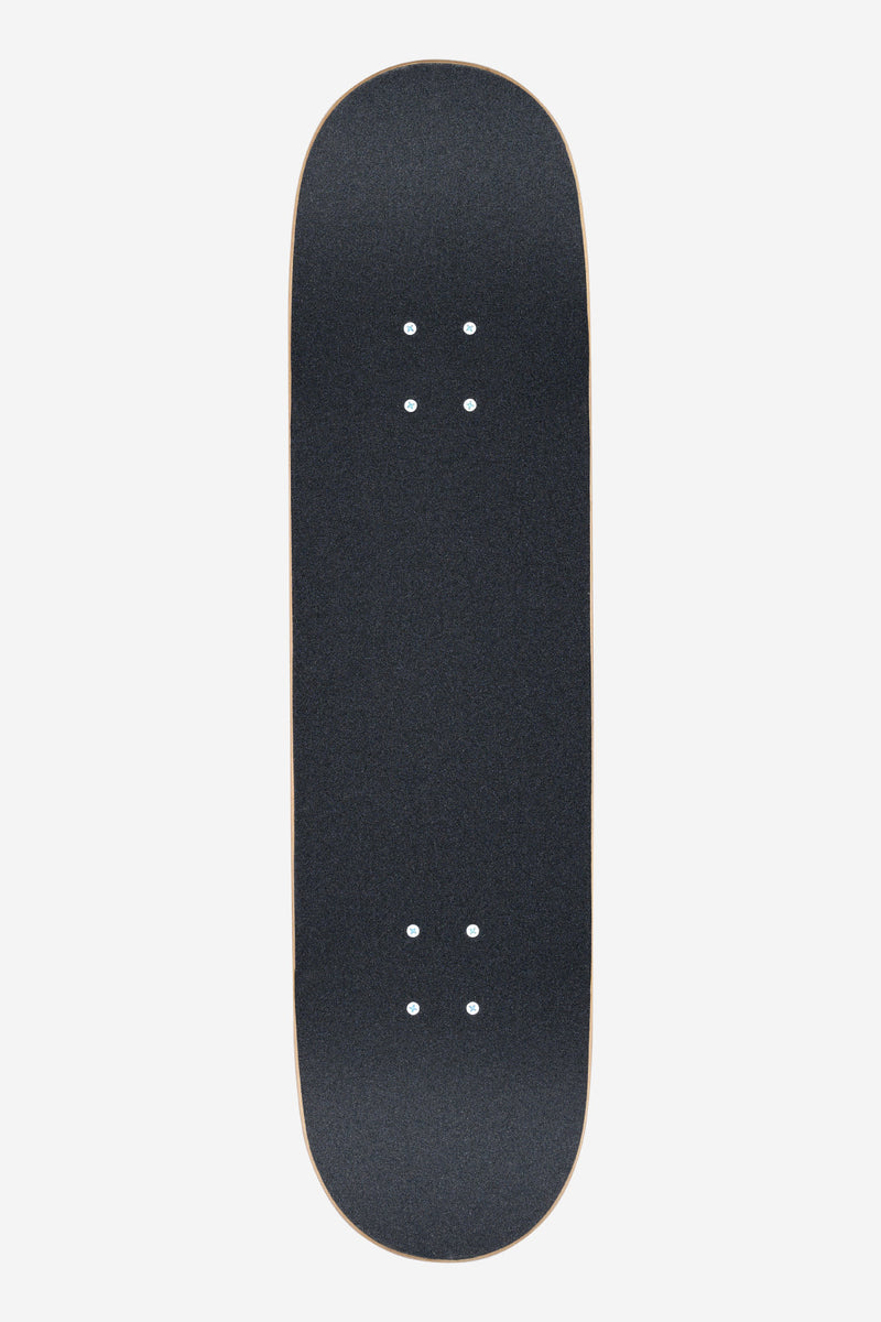 Top view of black grip tape G0 Technotrap skateboard deck showing four truck mounting holes