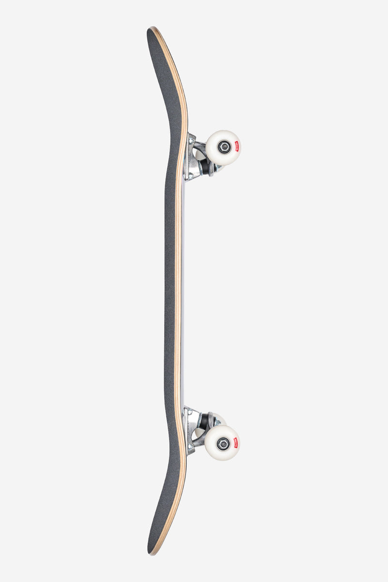 Side profile of the G0 Technotrap complete skateboard with dark deck and white wheels