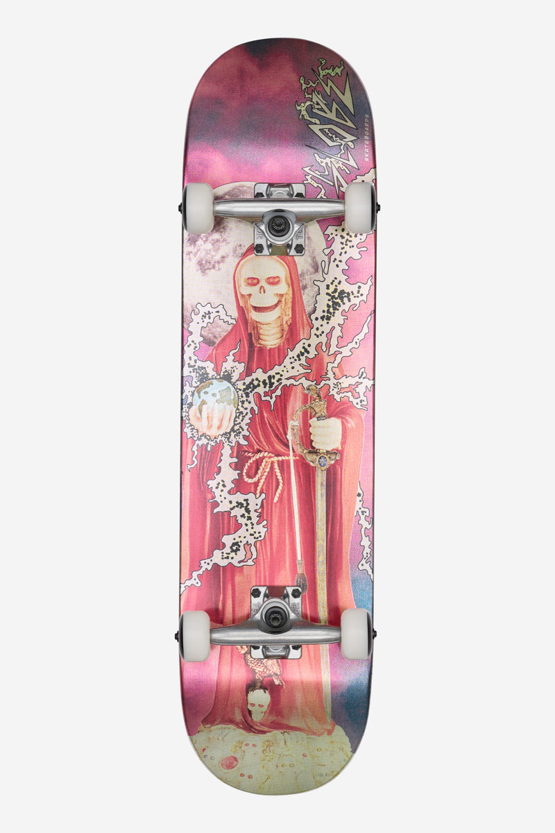 G1 Downtown Doom 8.0 skateboard deck in pink and purple gradient with a grim reaper illustration.