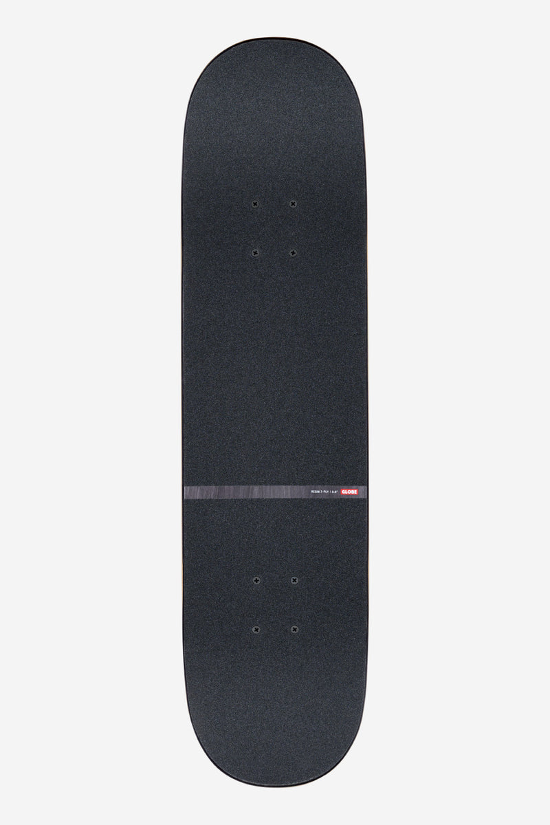 Top view of G1 Downtown Doom complete 8.0 deck in Silver Red with black grip tape