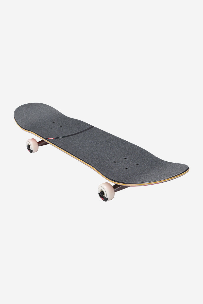 Angled three quarter view of the G1 Downtown Doom complete 8.0 deck showing gradient edge and white wheels