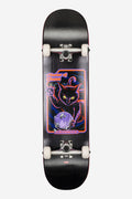 G1 Master of Chaos Black Cat complete skateboard with dark deck and neon cat graphic and white wheels