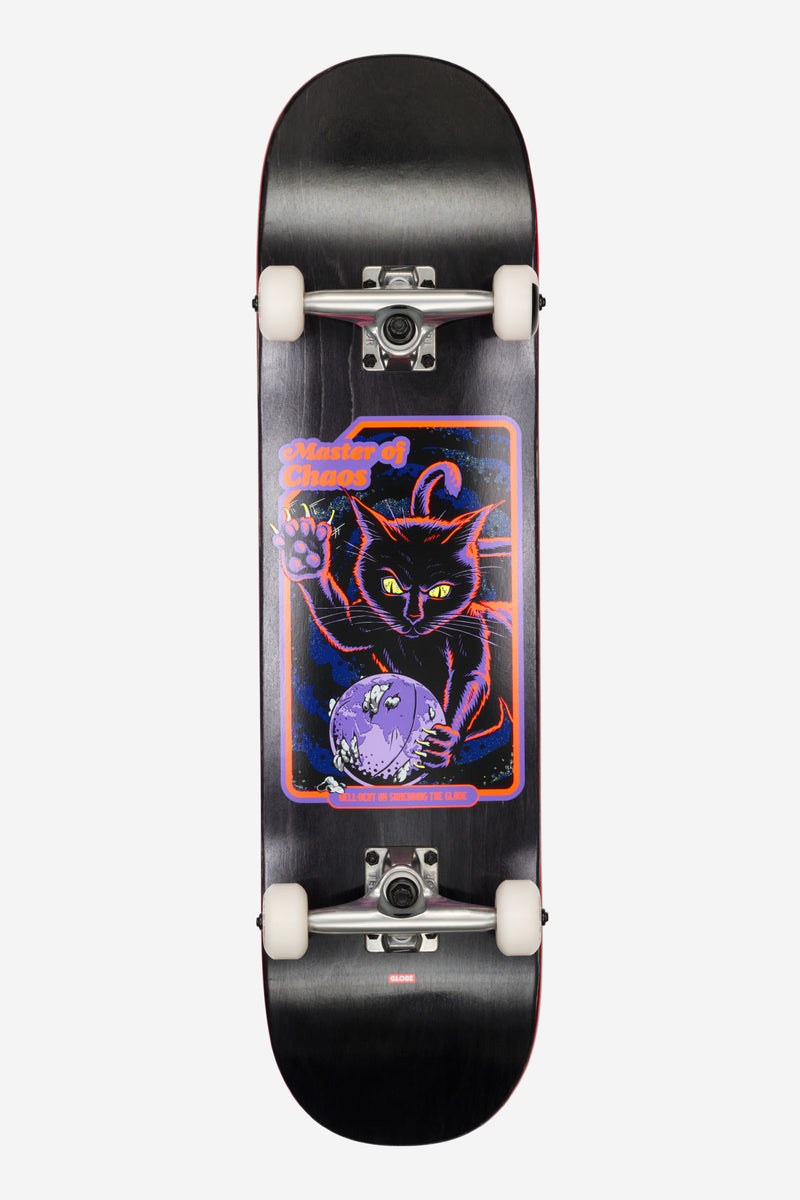G1 Master of Chaos Black Cat complete skateboard with dark deck and neon cat graphic and white wheels