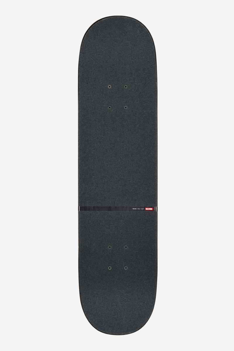 Top-down view of G1 Master of Chaos 8.0 inch Black Cat deck with dark glitter surface and hardware