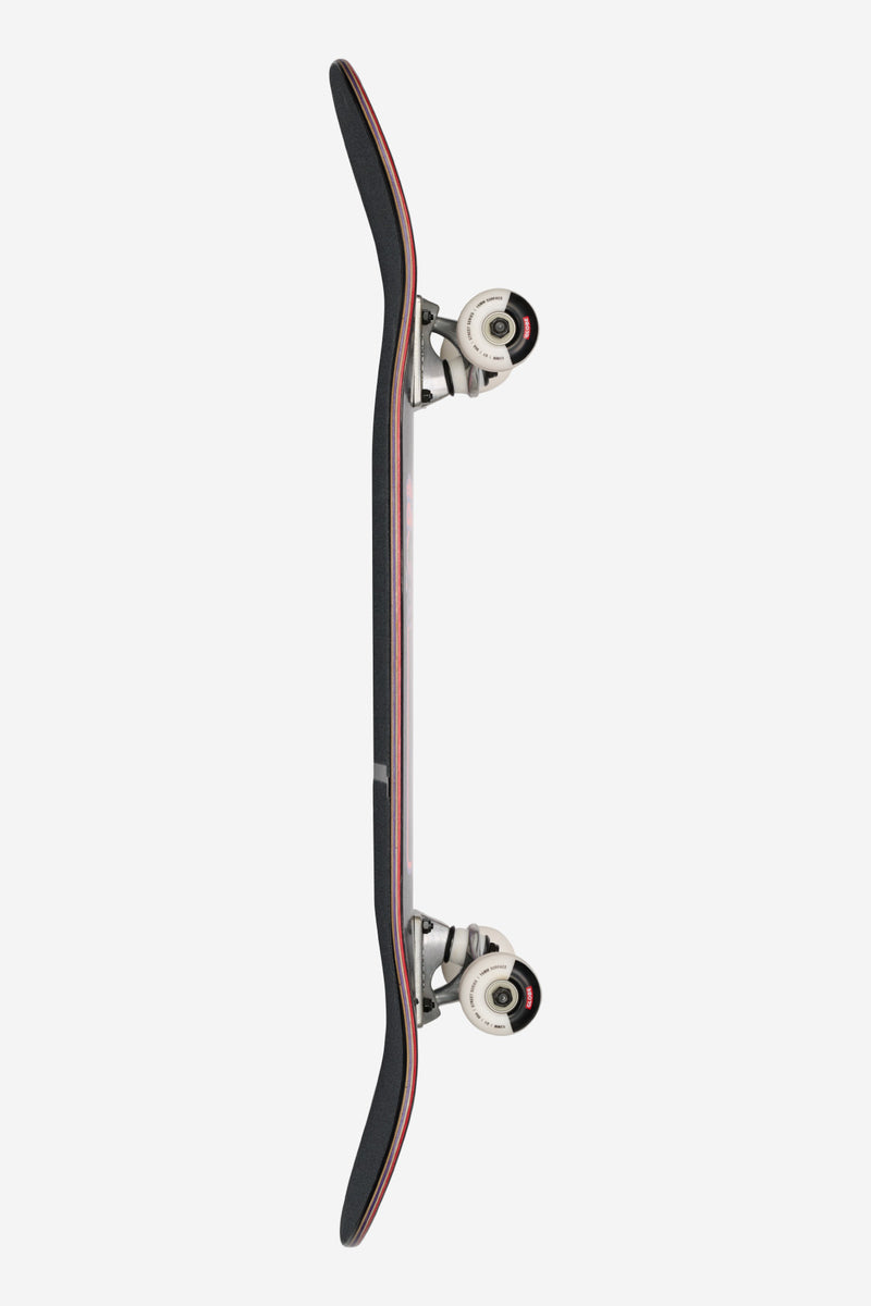 Side view of G1 Master of Chaos Black Cat skateboard showing curved deck and silver trucks with a colorful edge stripe