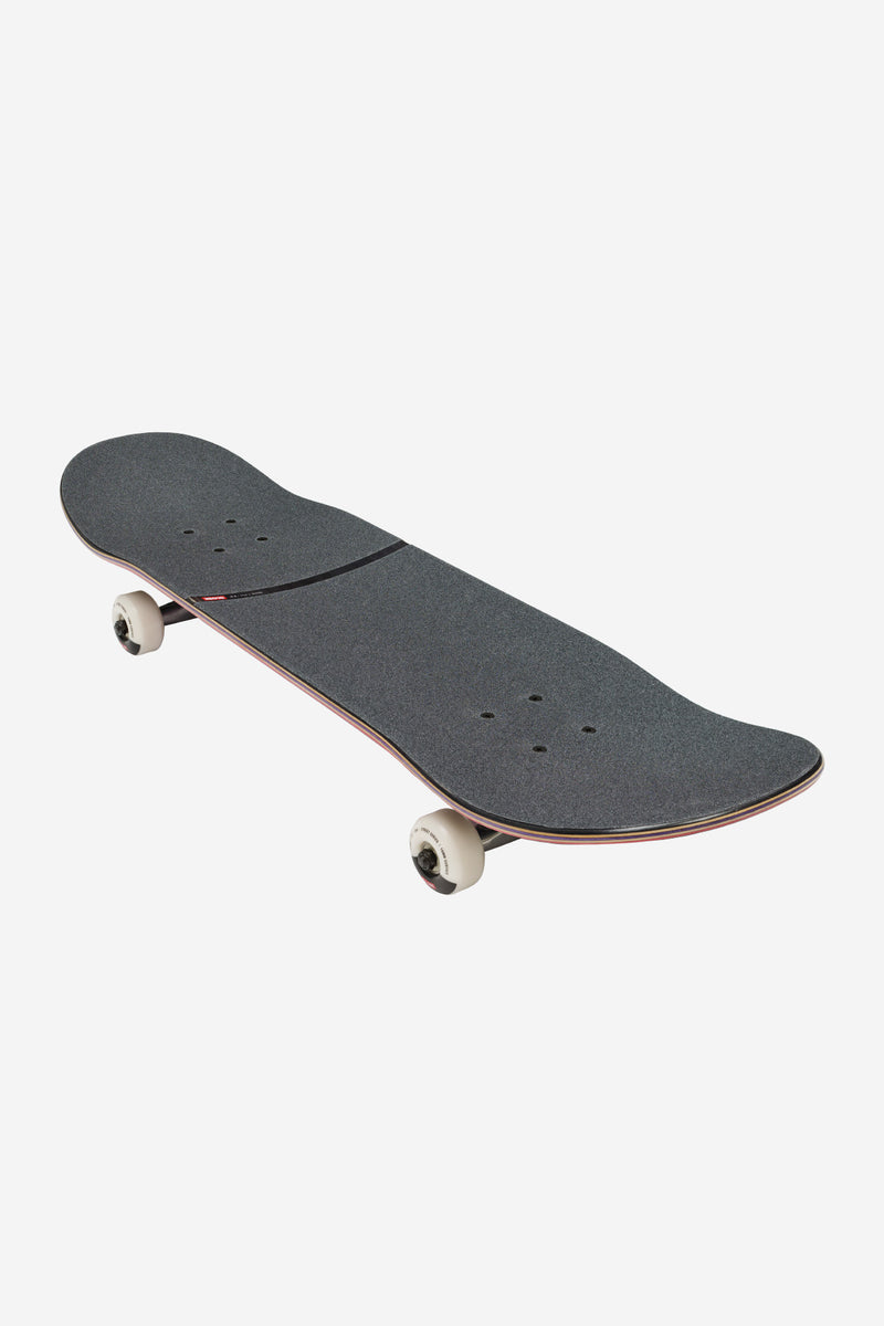 Top view of G1 Master of Chaos Complete 8.0 Black Cat skateboard with dark grip tape and white wheels
