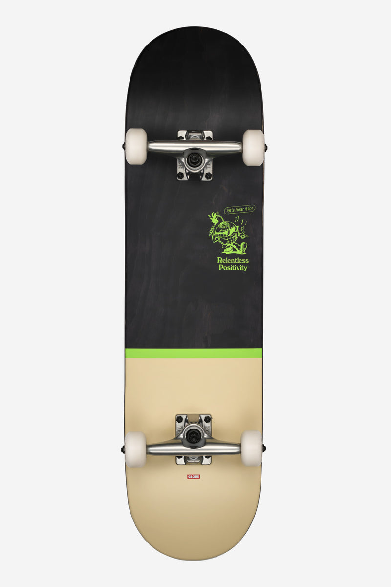 Top view of G1 Posi-Dip Complete 8.25 Black Green deck with neon green Relentless Positivity graphic