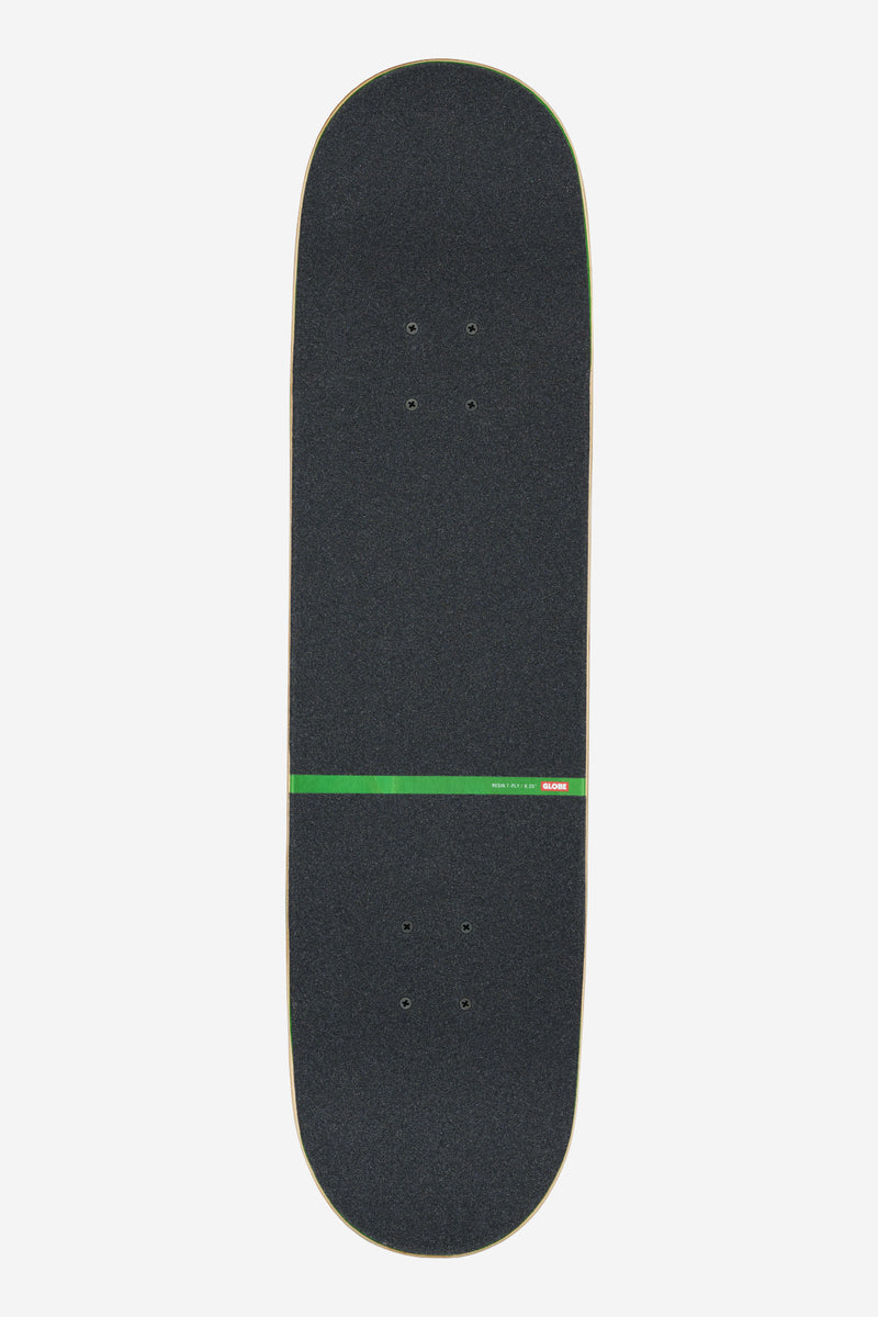 Top-down view of G1 Posi-Dip Complete 8.25 Black Green deck showing black grip and bright green edge stripe