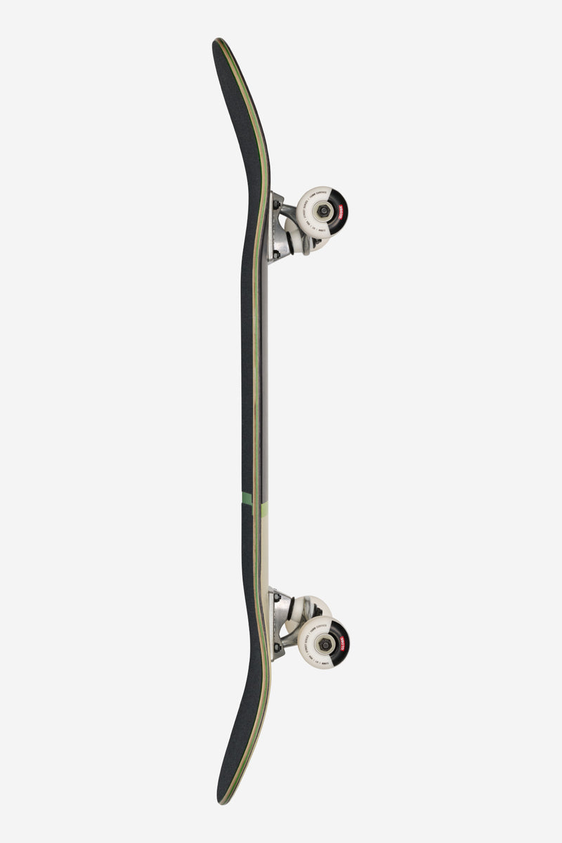 G1 Posi-Dip Complete 8.25 inch Black/Green longboard shown in side profile with trucks and white wheels