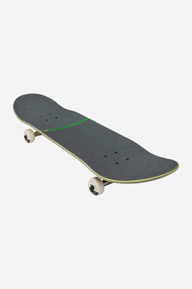 8.25 inch G1 Posi-Dip Black/Green complete longboard angled with grip and attached trucks and white wheels