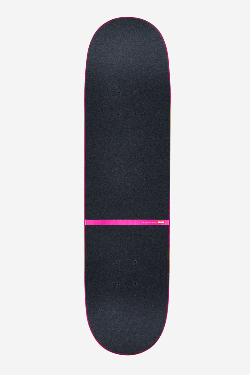 Close up of the deck grip area on G1 Where To Next complete skateboard showing dark grip tape and pink edge