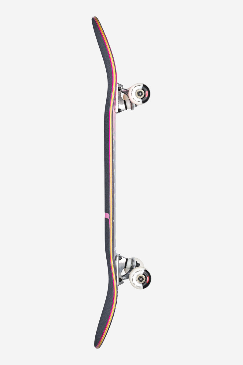 Side view of G1 Where To Next complete skateboard highlighting the curved deck with pink edge stripe and hardware