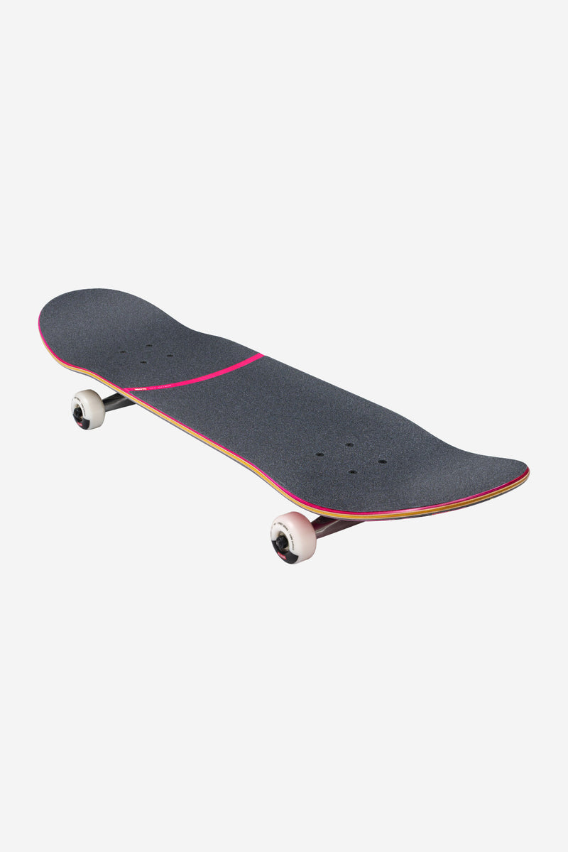 Where To Next complete longboard in black maple with pink edge and colorful edge layers, white wheels.