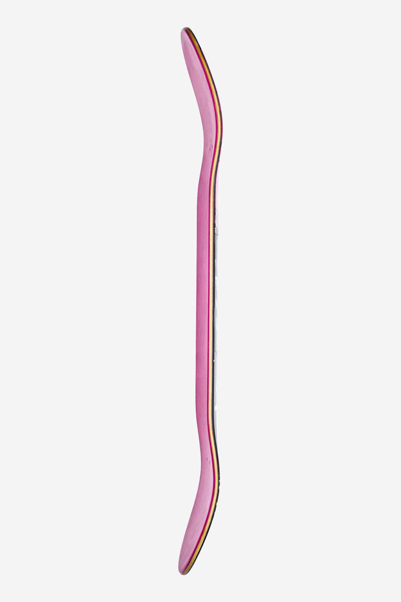 Side profile of pink G1 Where To Next 8.375 inch skateboard deck with a yellow edge stripe