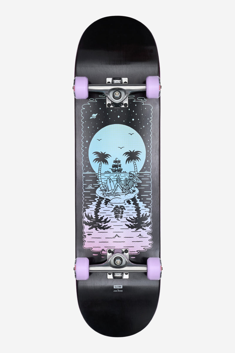 Complete G2 Reflection 8.5 inch skateboard in black purple with purple wheels and space palm artwork