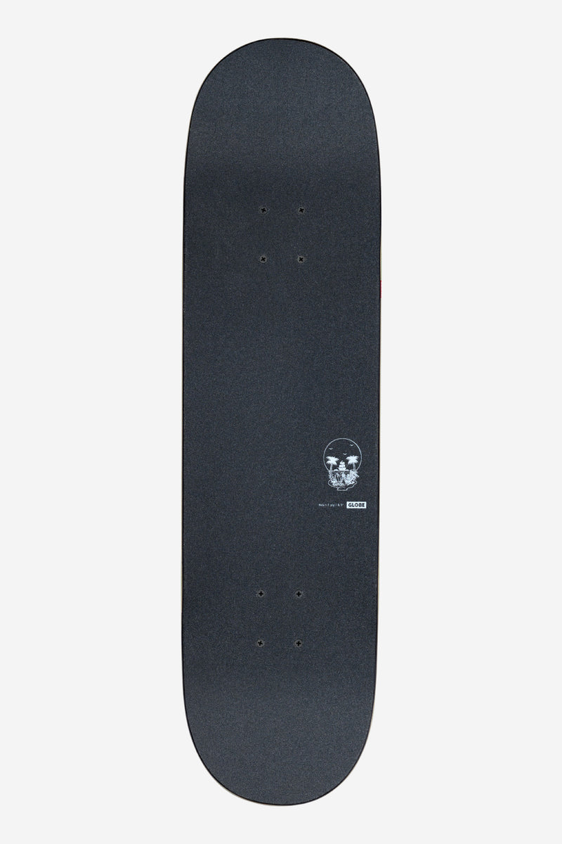Top view of G2 Reflection 8.5 inch Black Purple skateboard deck with dark grip tape and a small white island graphic in the lower right.