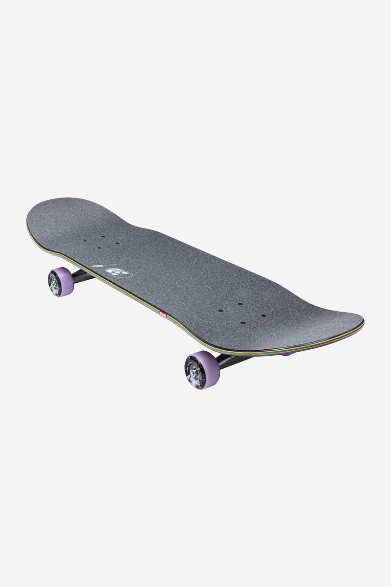 Three quarter view of G2 Reflection 8.5 deck showing dark grip and a rainbow edge stripe with purple wheels.