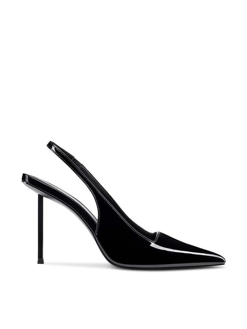 Black patent G63 Slingback pump by FEMME LA, side view showing deep V-cut vamp, pointed toe, and slim stiletto heel