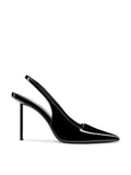 Black patent G63 Slingback pump by FEMME LA, side view showing deep V-cut vamp, pointed toe, and slim stiletto heel