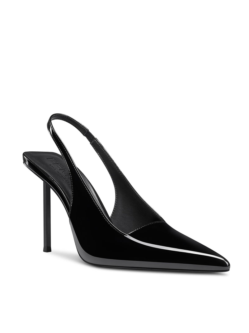 FEMME LA G63 Slingback in black patent, 3/4 back angle showing slingback strap, deep V-cut vamp, and pointed toe