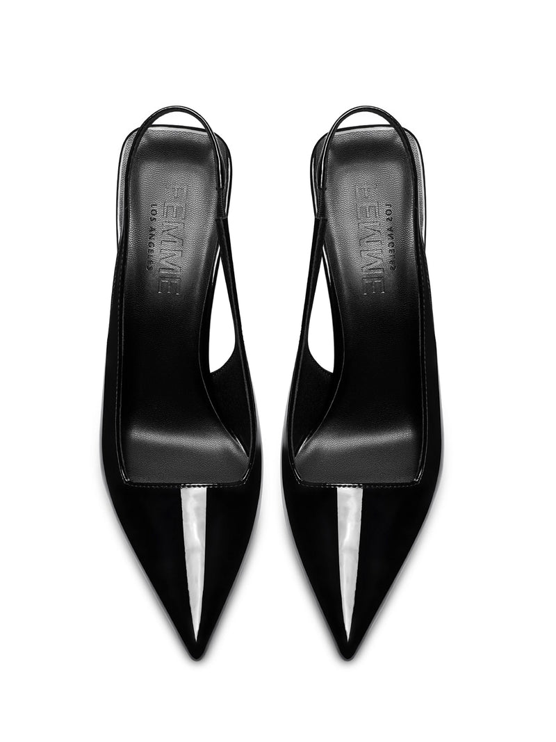 FEMME LA G63 Slingback black patent pumps, overhead flat lay of pair showing FEMME LOS ANGELES embossed insoles and pointed toes