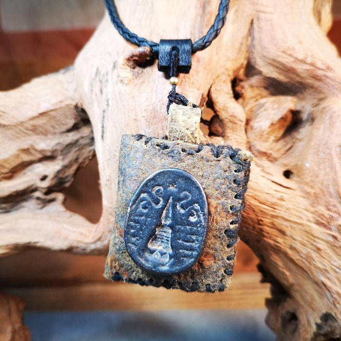 Gandhanra Antique Amulet Pendant,Stupa / Pagoda Tsa Tsa Mold on leather Sachet - Tibetan Buddhist amulet, view 4
