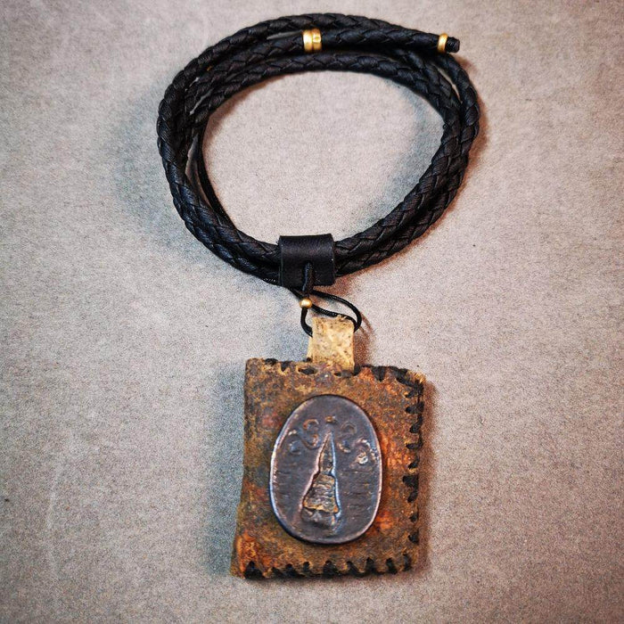 Gandhanra Antique Amulet Pendant,Stupa / Pagoda Tsa Tsa Mold on leather Sachet - Tibetan Buddhist amulet, size reference