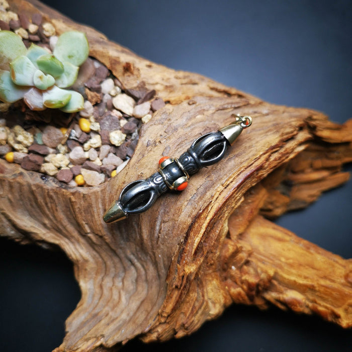 Gandhanra Tibetan Buddhist Amulet,Vajra Pendant, Made of Cold Iron,Inlaid with A - Tibetan Buddhist amulet, front view