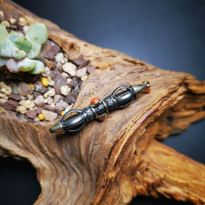 Gandhanra Tibetan Buddhist Amulet,Vajra Pendant, Made of Cold Iron,Inlaid with A - Tibetan Buddhist amulet, detailed view