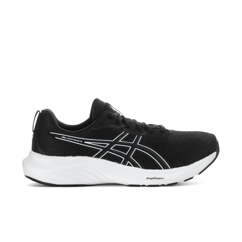 Men's extra-wide running shoes, black knit upper with white Asics stripes and laces.